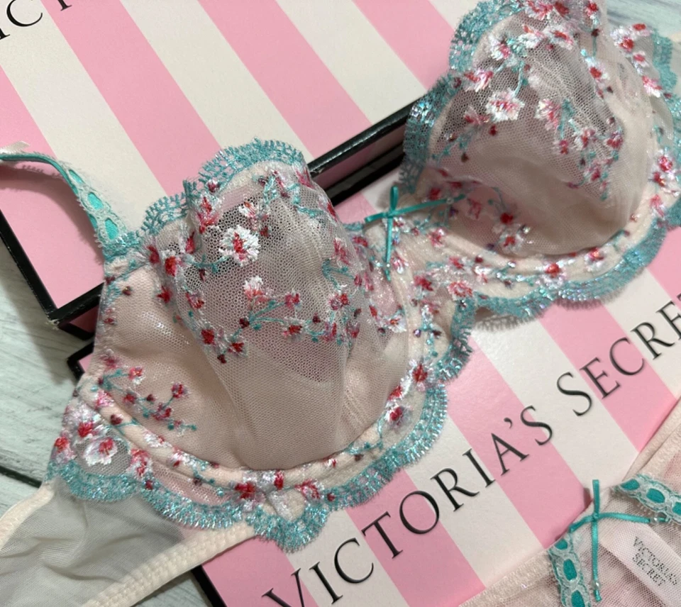 Victoria’s Secret Unlined Set Bra Thong Embroidery Cherry Blossom Balconette - image 4 of 4