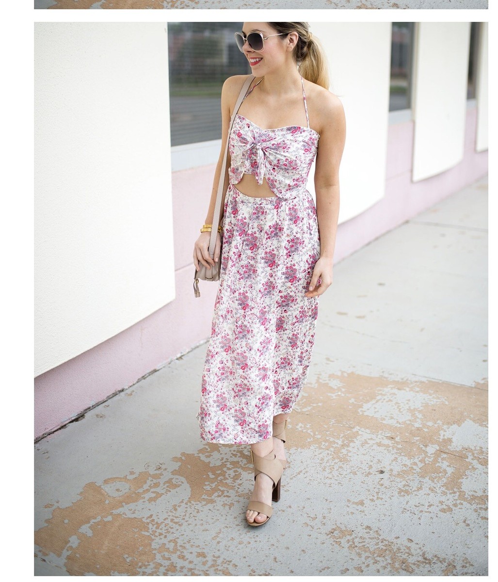 Wayf Daria White Pink Floral Cutout Halter Midi Dress Size M