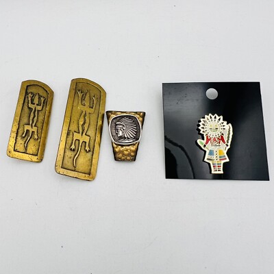 Set Of 4 Nazca Lines Peru Lizard Stone Enamel Kachina Pin Indian Chief Bolo Tie