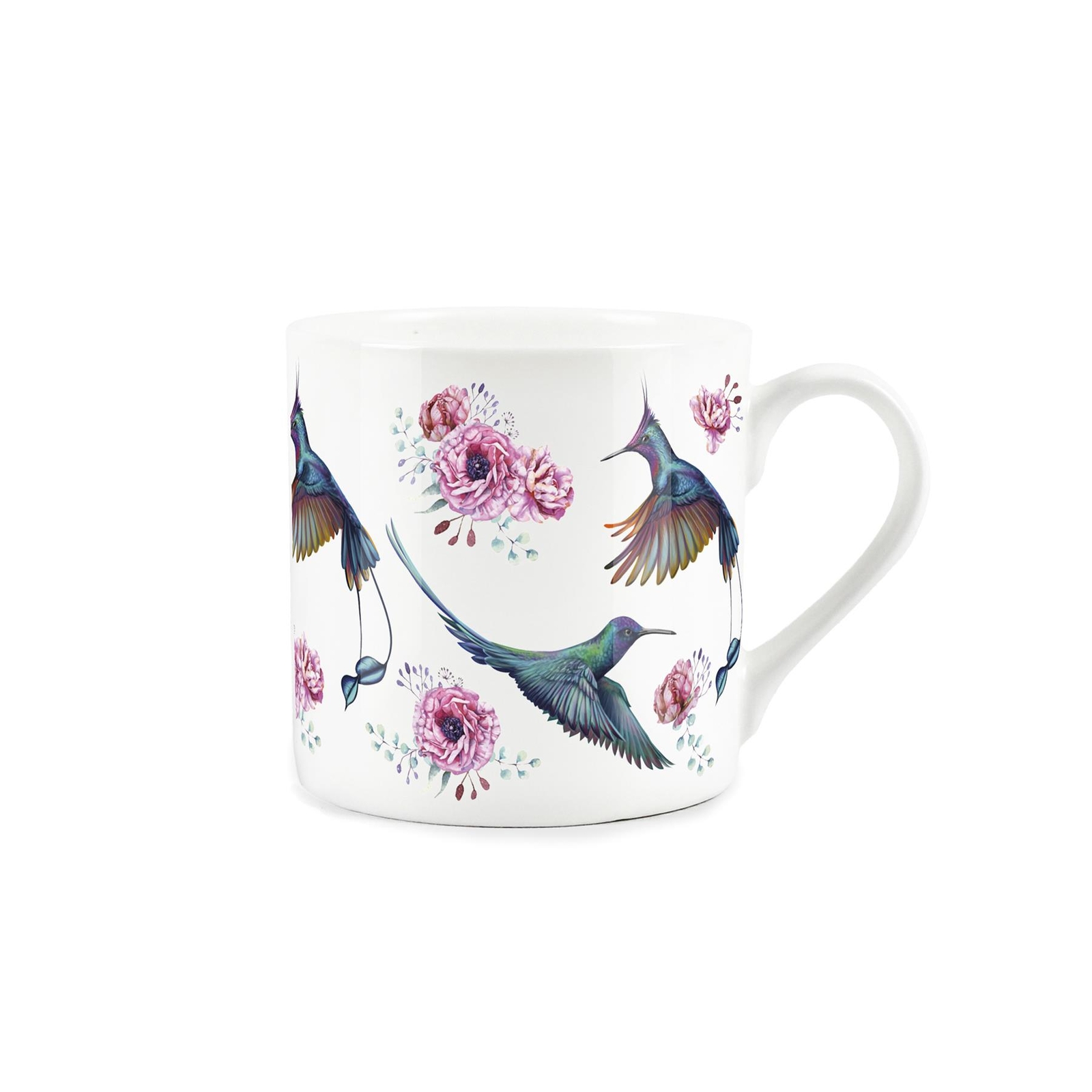 Bone China Large Mug - Pink Floral Hummingbirds design - Present/Tea/Coffee