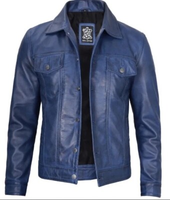 Men's Classics Blue Genuine Aviator Biker Motorcycle Leather Jacket for Men Gift