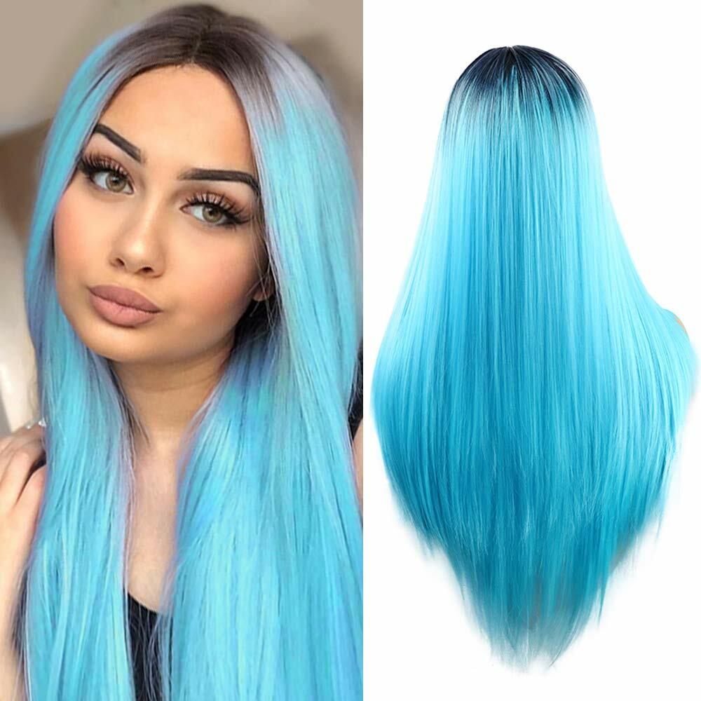 Ombre Blue Wigs Long Straight Wig Hair Middle Part Heat  display picture 1