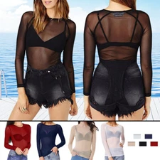 Womens Mesh Sheer See-Through Long Sleeve Summer Crop Tops T-Shirt Blouse Tee