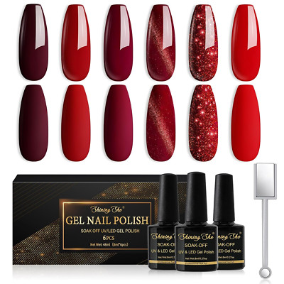 UV Nagellack Rot 6 Farben Cat Eye Glitzer Shellac Magnet SoakOff DIY 8ml