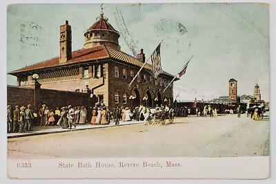 Revere Beach Mass State Bath House Crowd Flags c1911 Postcard J6