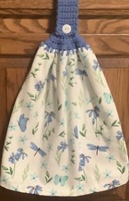 Double hanging kitchen towel blue flowers dragonflies butterf crocheted blue top