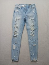 American Eagle Womens Jeans 4 Lt Blue Skinny High Rise Distressed Stretch
