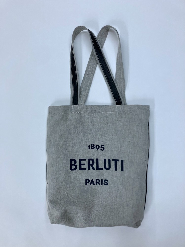New Berluti Tote Bag 100% cotton gray canvas, black leather Authentic Paris 1895
