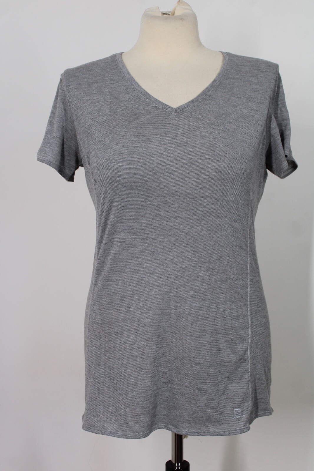 Top attivo Salomon L grigio righe scollo a V manica corta pelle avanzata secca attiva