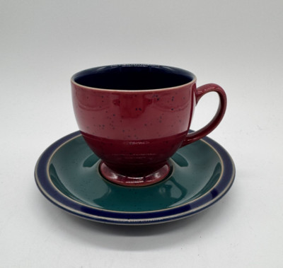 Denby Langley Harlequin Footed Cup & Saucer Green Red Blue Speckled