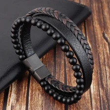 Men's Cross Leather Braided Black Onyx Stone Bracelet Cuff Bracelet Bangle