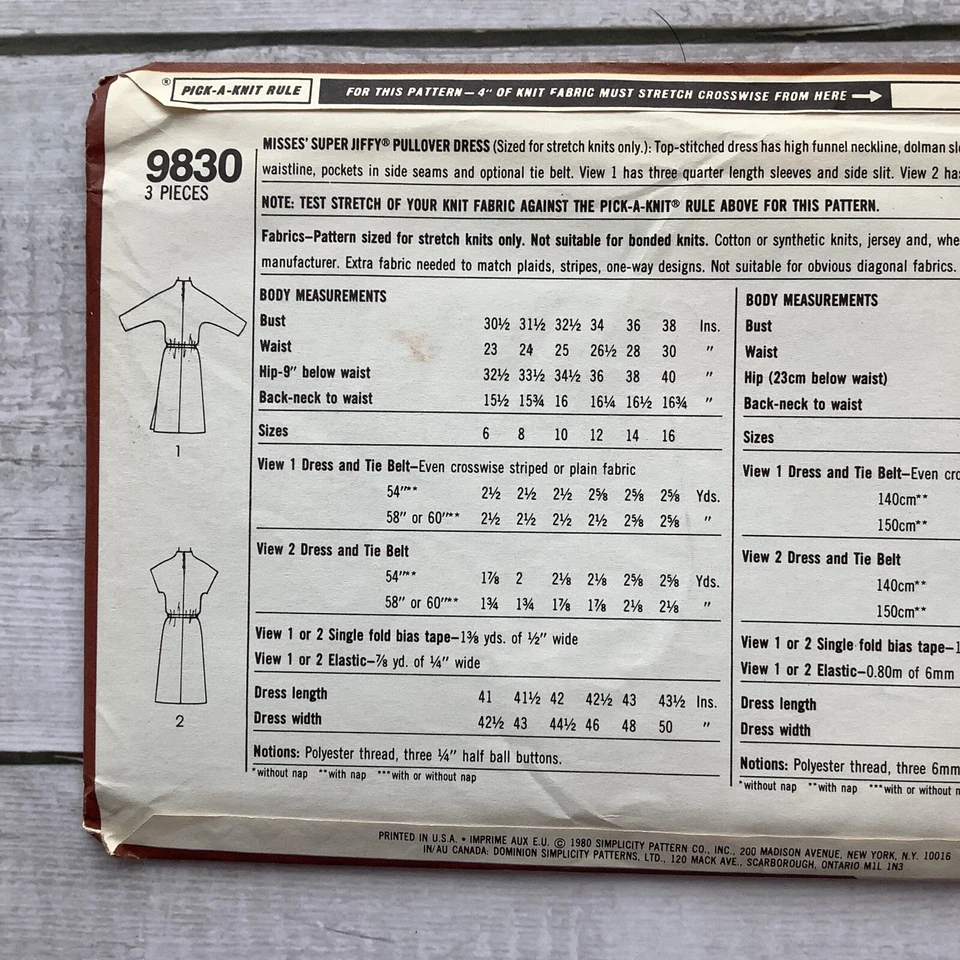 Simplicity 9830 Sewing Pattern Pullover Knit Dress Misses Sizes 6 & 8 UNCUT - Image 3 of 4