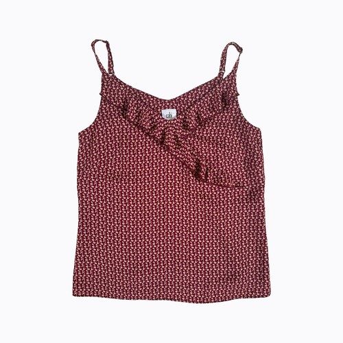 Cabi Asymmetric Ruffle V-Neck Top Burgundy Pattern 90s Y2K Boho Coquette Sz XS