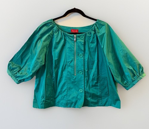 Vintage Elle Damen türkis Cropped Jacke Seitentaschen Gr. XL Puff Halbarm