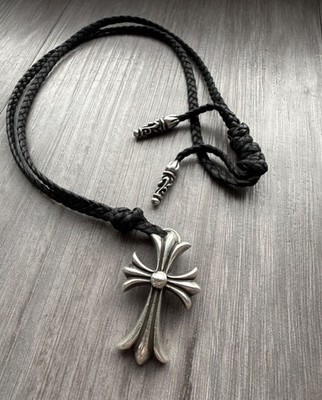 Chrome Hearts Cross Pendant Necklace Braided Leather Chain Silver