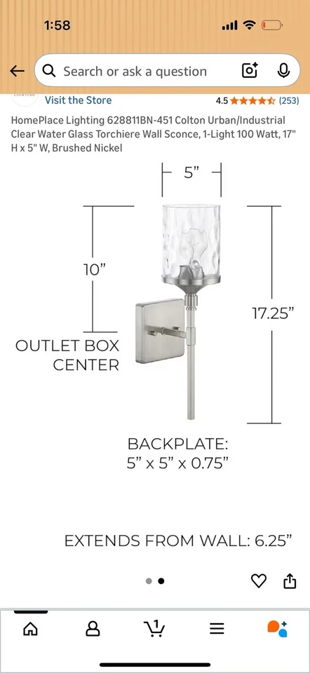 Aplique de pared HomePlace 628811BN-451 Colton, 1 luz 100 vatios, níquel cepillado Foto 2 de 2