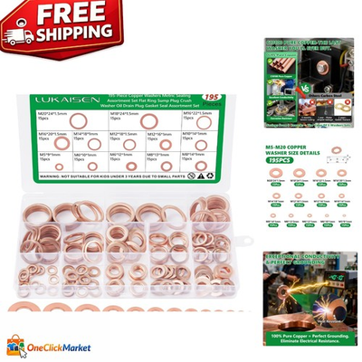 #ad 195PCS Pure Copper Metric Flat Washer Kit for Electrical amp; Plumbing Projects $16.99