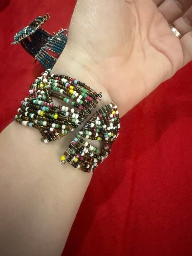 Set of 3 Seed Beaded Coil Wrap Bracelets: White, Teal, Multicolor Boho Gypsy - Picture 11 of 12