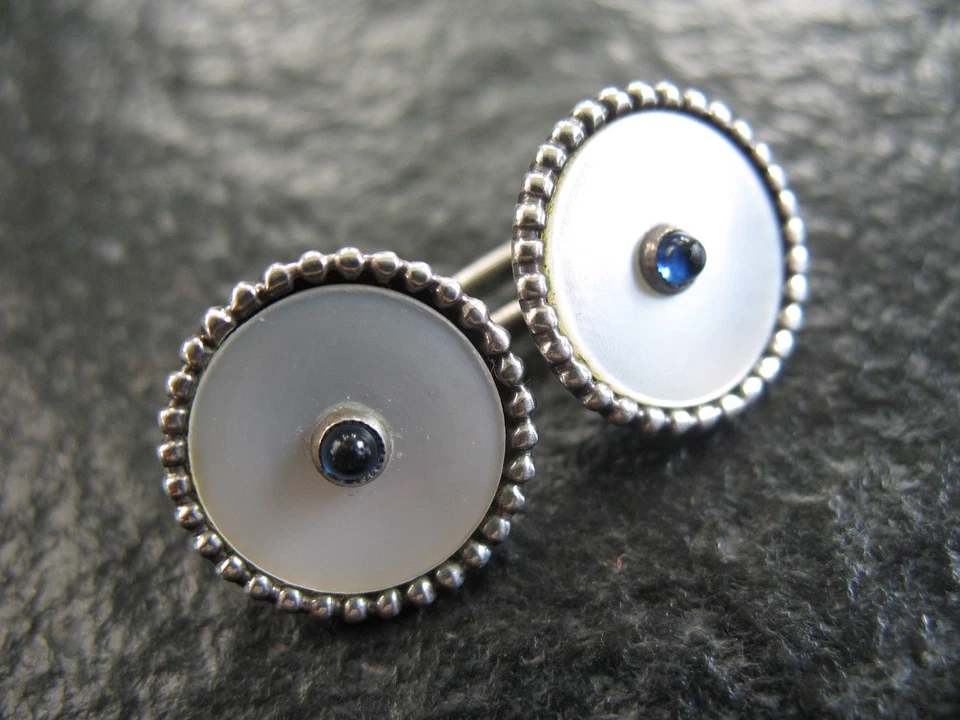 Manschettenknöpfe Silber 830 Hochfein mit Perlmutt + blaue Steine von ca. 1930 - Bild 4 von 4