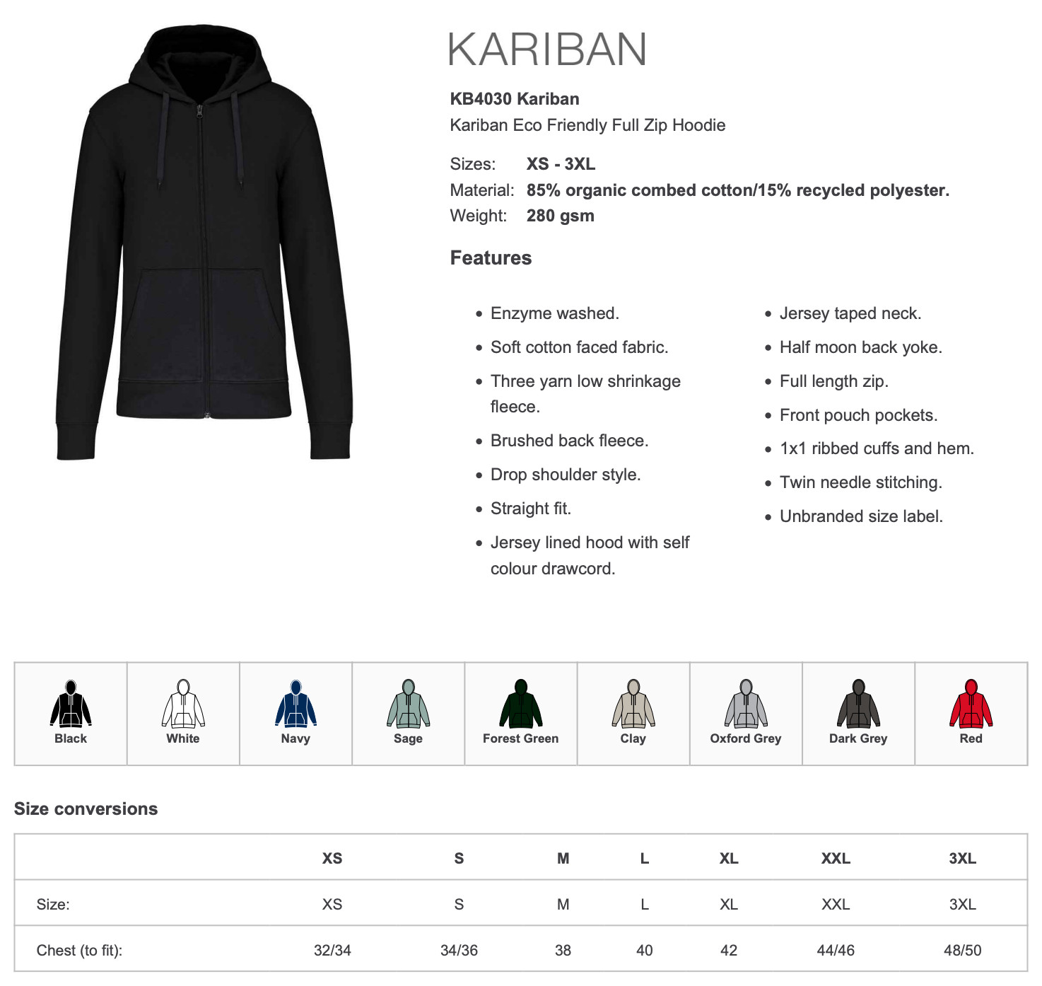 Kariban Organic Cotton Mix Full Zip Through Hoodie Hooded Top image 2