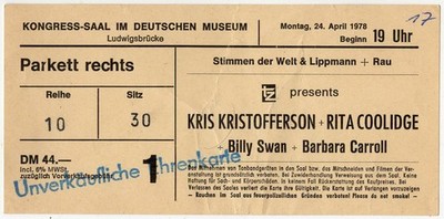 1978 München Kris Kristoffersen Coolidge Concert Ticket Ehrenkart Eintrittskarte
