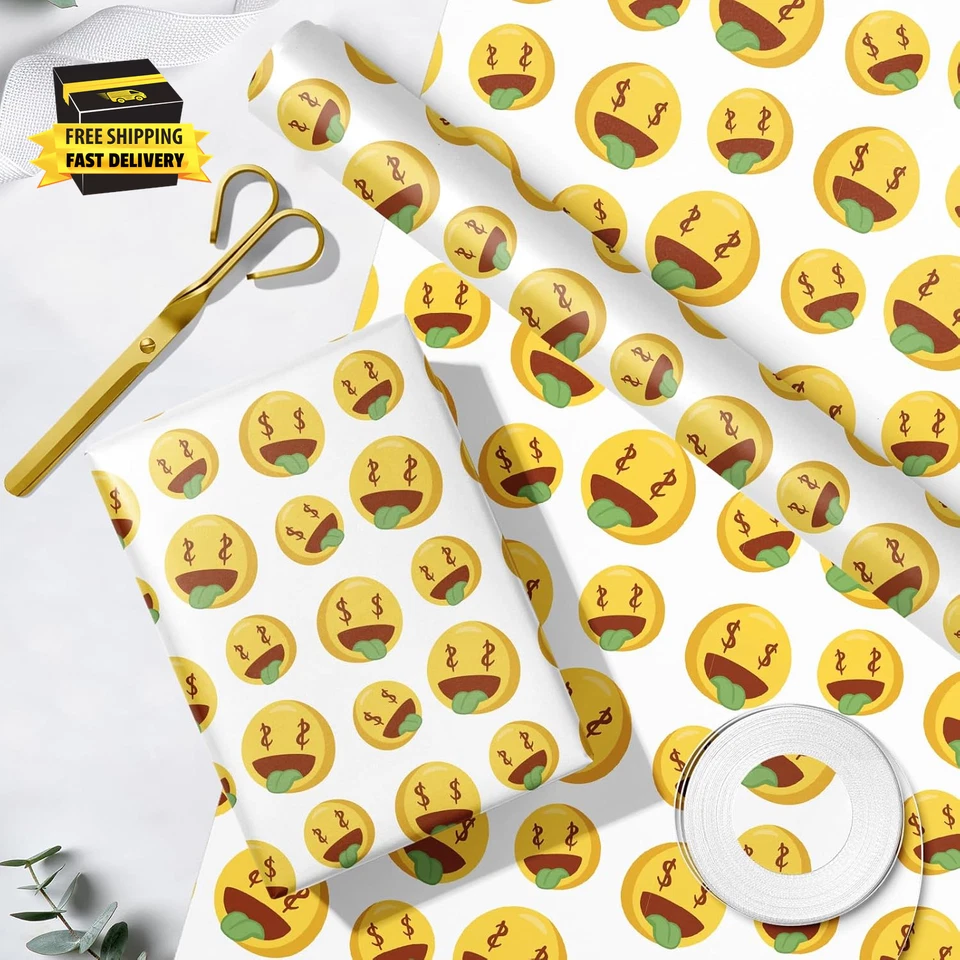 Funny Wrapping Paper Roll - Mini Roll - Yellow Emoji & Dollar-Sign Eye Design -  - Image 3 of 4
