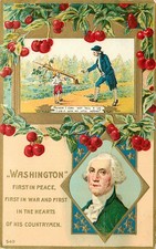 Postal patriótica en relieve retrato de George Washington y cerezo picado