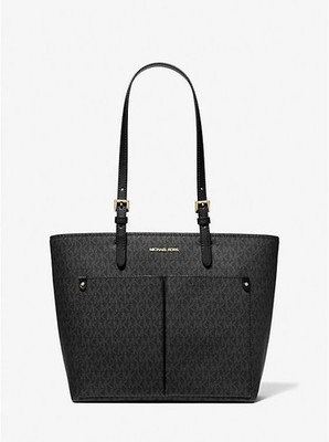 Michael Kors Jet Set Medium Logo Pocket Tote Bag~MK LOGOS~BLACK~NWT