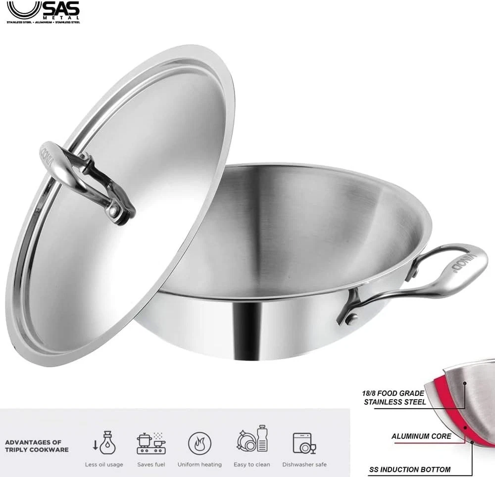 Vinod Platinum Triply Stainless Steel Kadai with Lid, 26cm, 3.2Ltr
