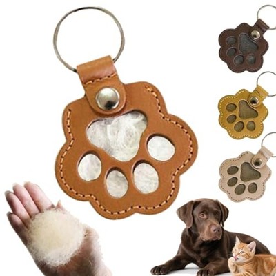 Paw Print Pet Memorial Keychain, Leather Photo Frame Design, Light Brown