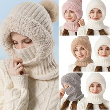 Women One Piece Beanie Hats Scarf Mask Hooded Fleece Lined Winter Hat Scarf