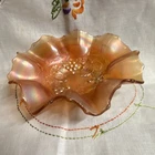 Bowl Carnival Glass Iridescent Gold Grape & Leaf Ruffled Edge Dugan Glass Co VTG