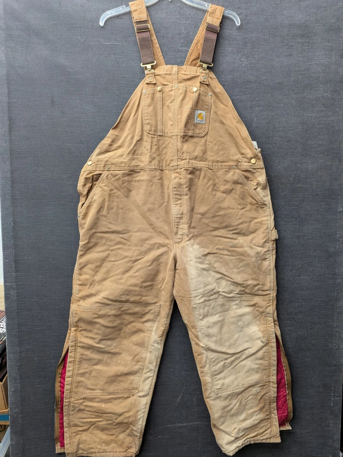 CARHARTT R02 Brn Insulated Duck Bib Overalls Brown 52x30 Lined Worn Distressed