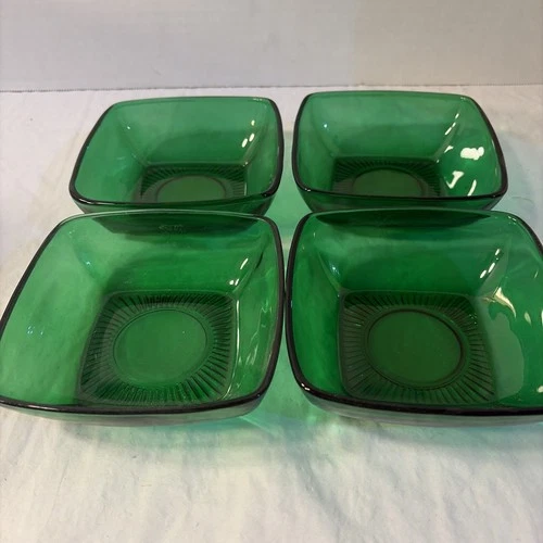 4 Depression Era Anchor Hocking Forest Green Square Berry Bowls