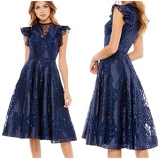 Mac Duggal NWT Flutter Sleeve Sequin Applique Cocktail Dress Size 2 Navy Blue