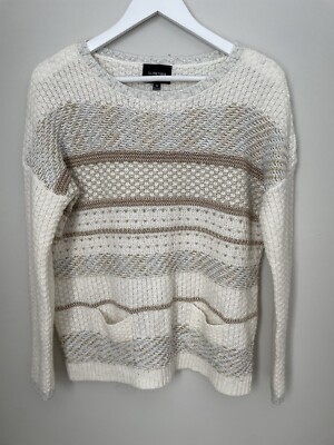 La Fee Verte Anthropologie Size Medium Cream Stripe Sweater Gold Silver Thread
