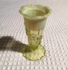 NORTHWOOD Opalescent Vaseline Uranium Glass Fluted Scrolls with Vine Footed Vase