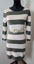 Women's Medium Olive Green Striped Long Sleeve Sweater Dress Belt Included