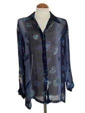 Vintage MONSOON. Sheer Blue Floral Button-Up Blouse. Size 14-16. 90s.