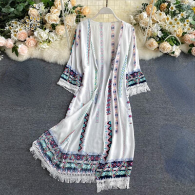 Damen Lang mit Quasten Strickjacke Kimono Mantel Ethnisch Top Retro Mode Comfy