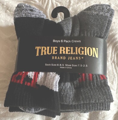 True Religion Boys 6pack half cushion Crew Shoe socks New Sz 7.5-2.5 Multi color