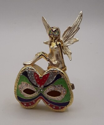 New Metal Fairy Pixie Mardi Gras Mask Trinket Pill Box Magnetic Hinged Closure