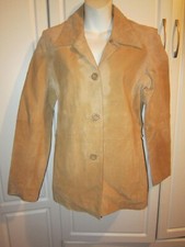 Women Helium Beige Genuine Leather Suede 3 Button Blazer Car Coat Jacket Small