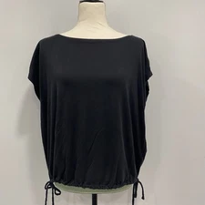 Eileen Fisher L Black Fine Jersey Knit Square Top Bateau Neck Drawstring Waist