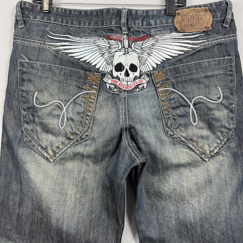 Ecko Unltd Jeans Herren 38x32 blau gerades Bein bestickt Totenkopf Flügel Denim - Bild 2 von 11