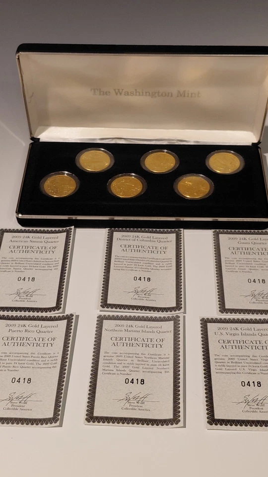 2009 DC US Territories Quarters 24k Gold Layered Set of 6 Uncirculated Coins COA - Image 2 of 4
