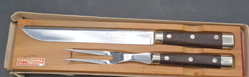 Vintage Personna Hollow Ground Meat Carving Knife & Fork Wood Handle & Tray USA