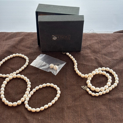 Vtg Honora Cultured Pearl 925 Sterling 5pc Necklace Earrings 3 Bracelets Set NIB