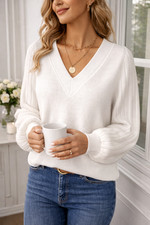 Women  s White Ribbed V-Neck Long Sleeve Top  Casual Loose Fit Blouse