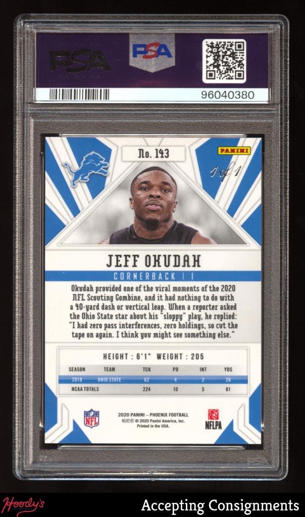 2020 Panini Phoenix Gold #143 Jeff Okudah Rookie RC 1/1 LIONS PSA 10 GEM MINT view 2